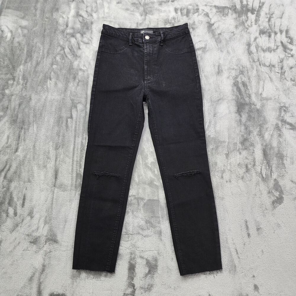 Zara Jeans Womens 6 Black High Rise Skinny Raw Ripped Busted Knee Stretch‎ Denim